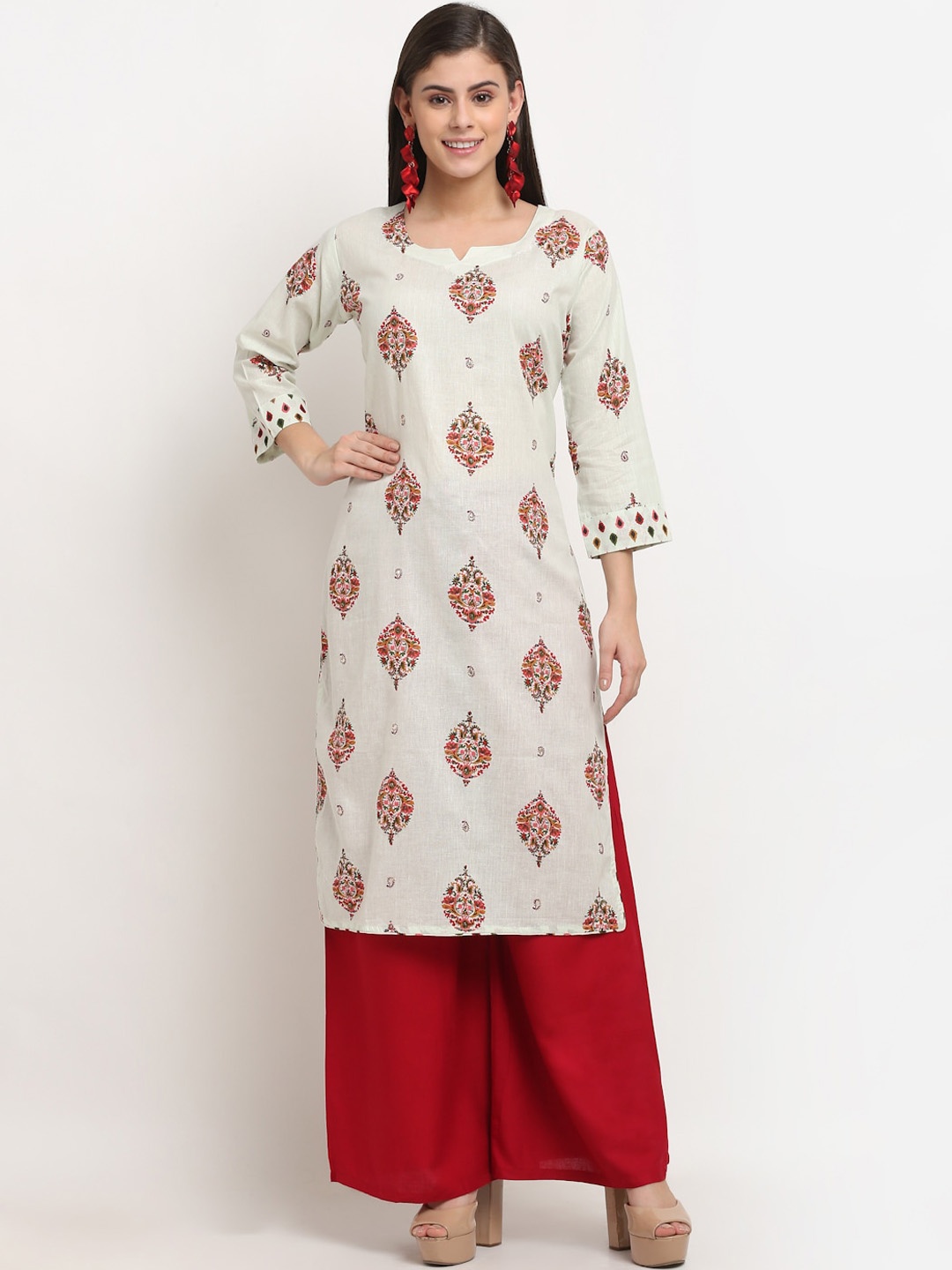 

GRACIT Women Off White Floral Printed Regular Pure Cotton Kurta with Palazzos