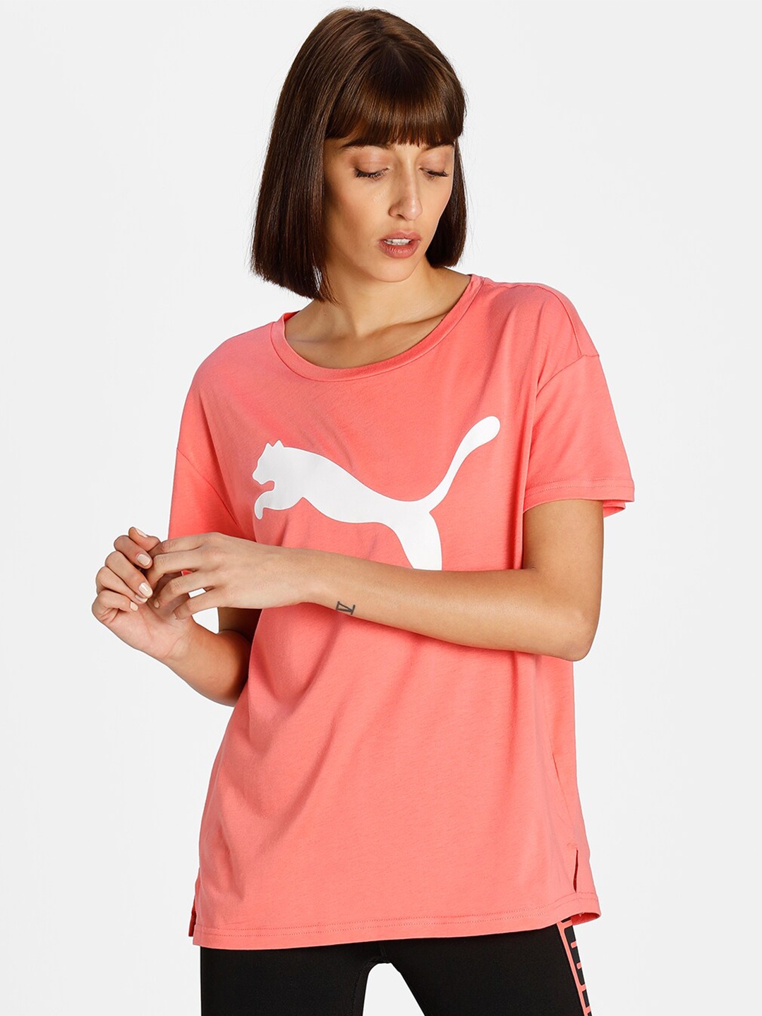 

Puma Women Peach-Coloured & White Printed Round T-shirt
