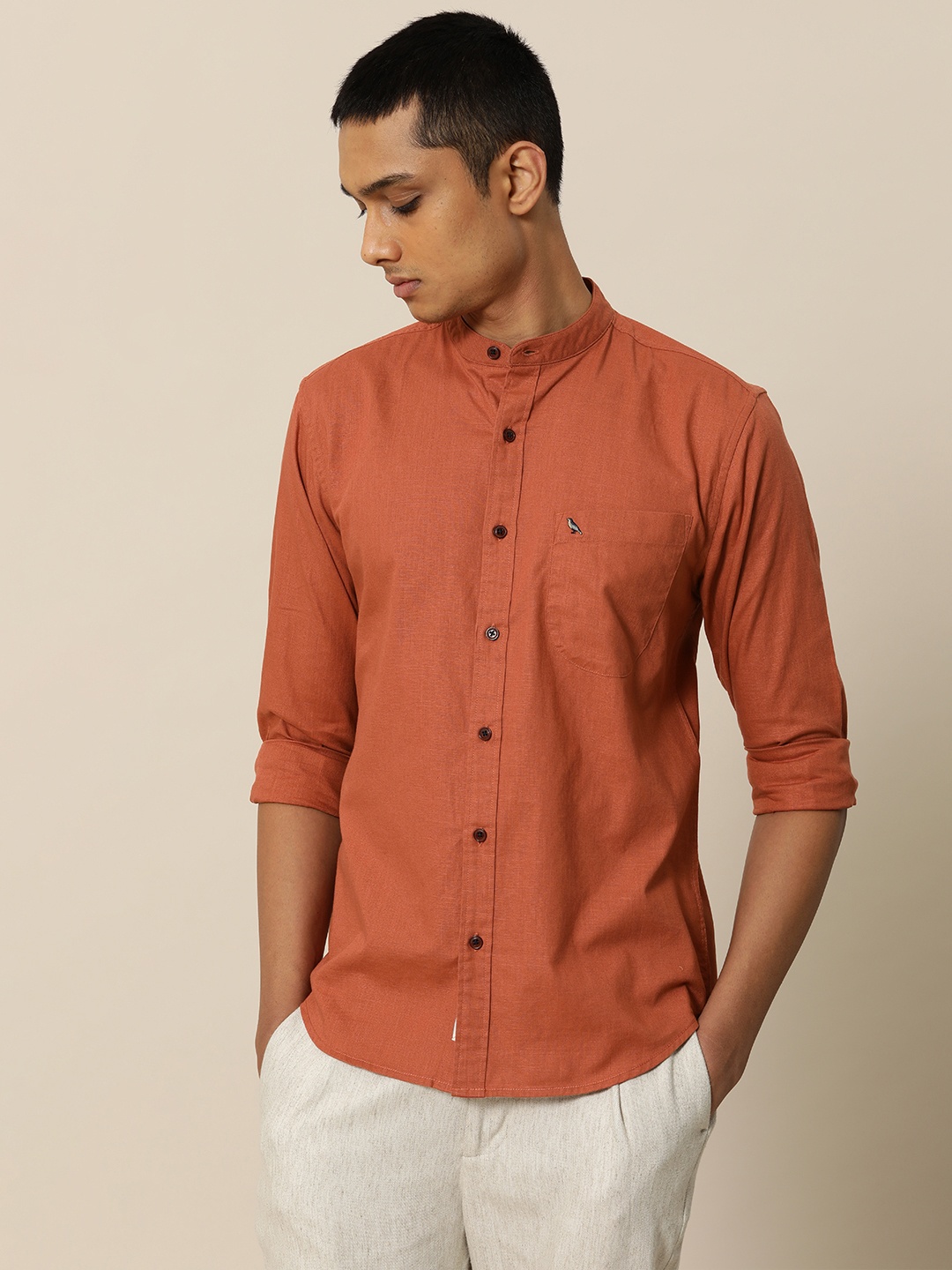 

Mr Bowerbird Men Rust Tailored Fit Solid Casual Shirt