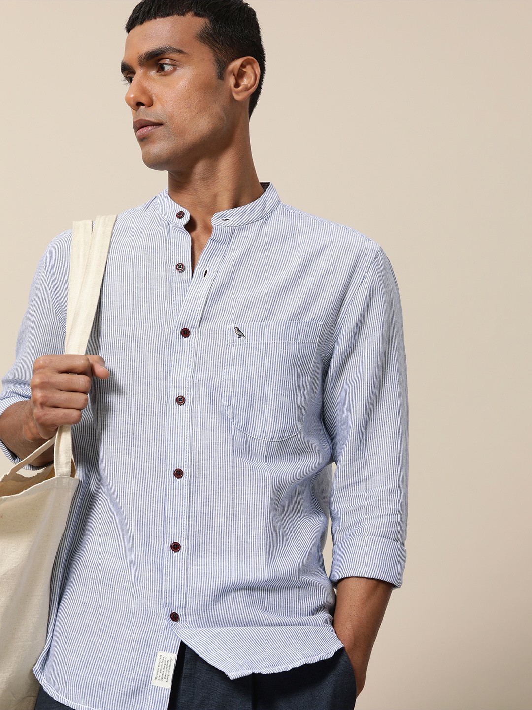 

Mr Bowerbird Men Blue Tailored Fit Striped Casual Shirt