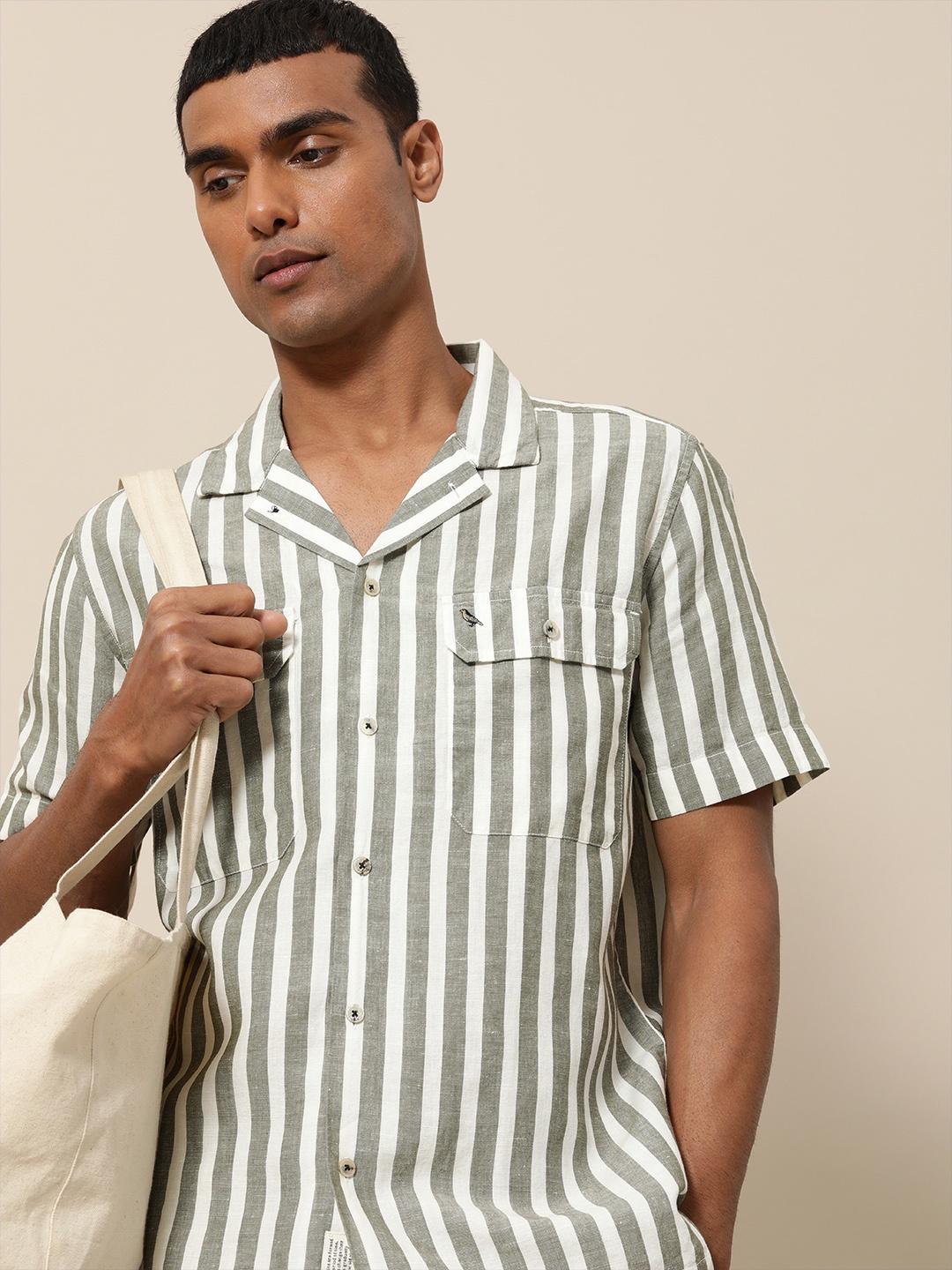 

Mr Bowerbird Men Olive & White Liberal Fit Striped Casual Shirt