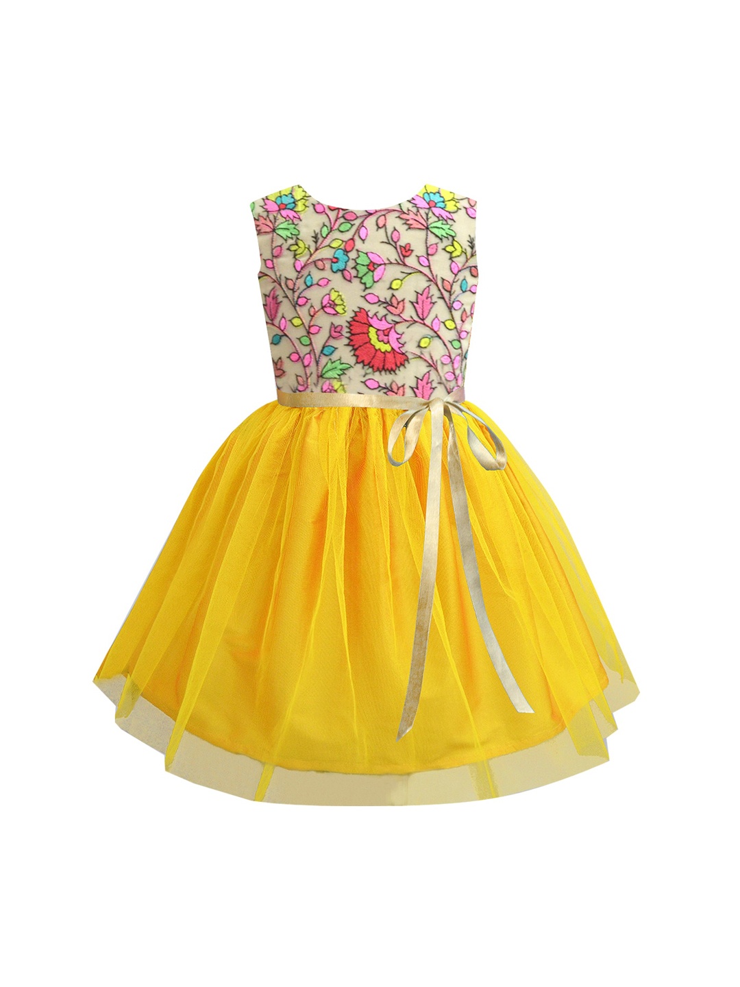 

A T U N Mustard Yellow & Multicoloured Floral Layered Net Dress