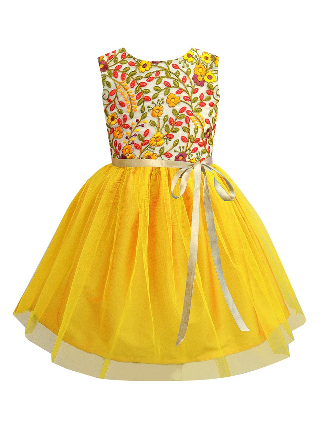 

A T U N Mustard Yellow Floral Net Dress