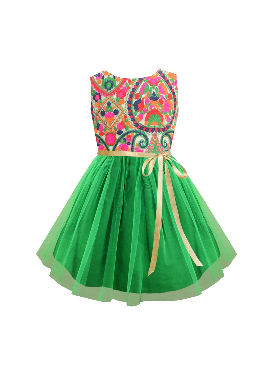 

A T U N Green & Multicoloured Floral Layered Net Dress