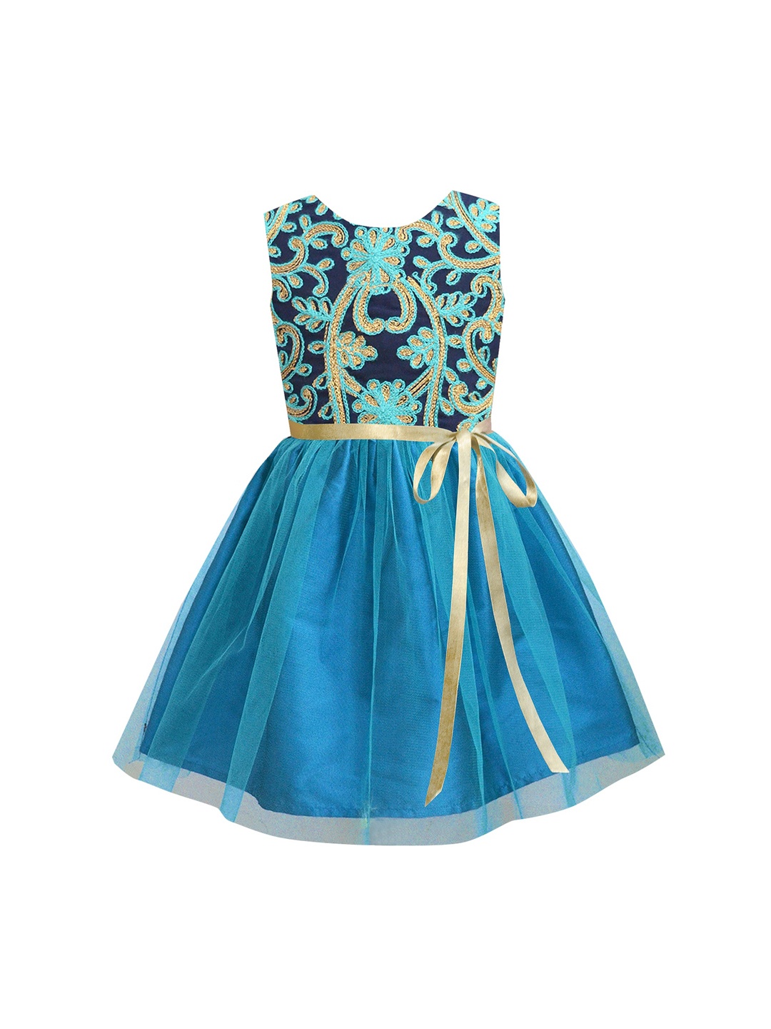 

A T U N Girls Turquoise Blue Floral Embroidered Net Dress