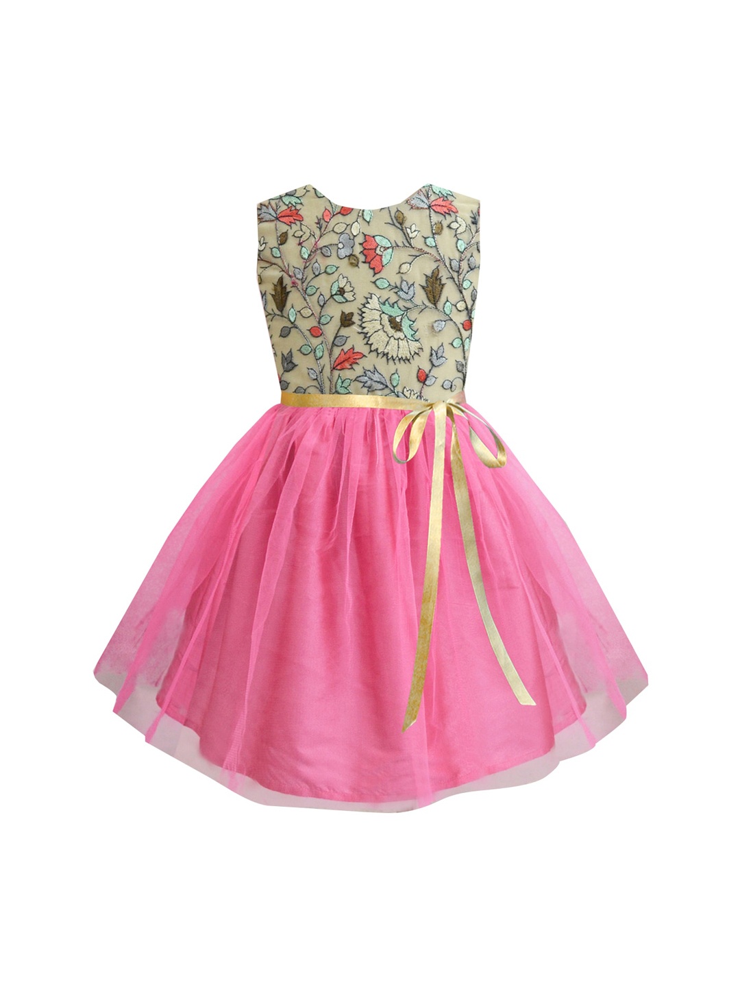 

A T U N Pink & Multicoloured Floral Layered Net Dress