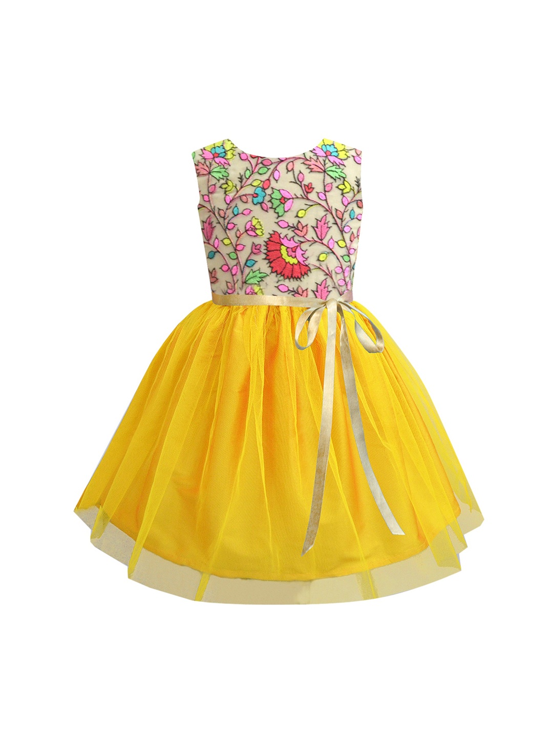 

A T U N Girls Mustard Yellow Floral Embroidered Net Dress