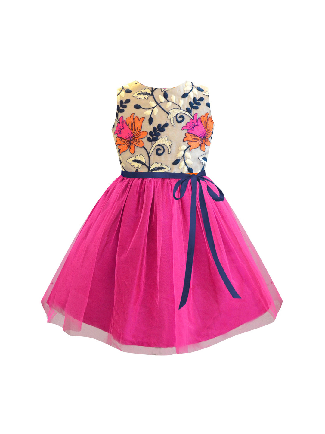 

A T U N Fuchsia Floral Embroidered Net Fit & Flared Dress