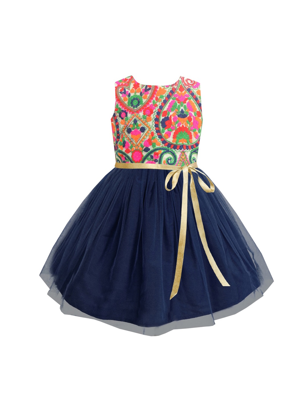 

A T U N Navy Blue Floral Embroidered Net Dress