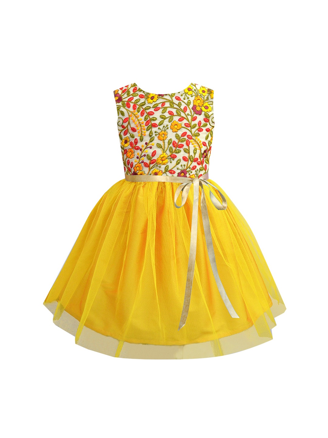 

A T U N Mustard Yellow Floral Net Dress
