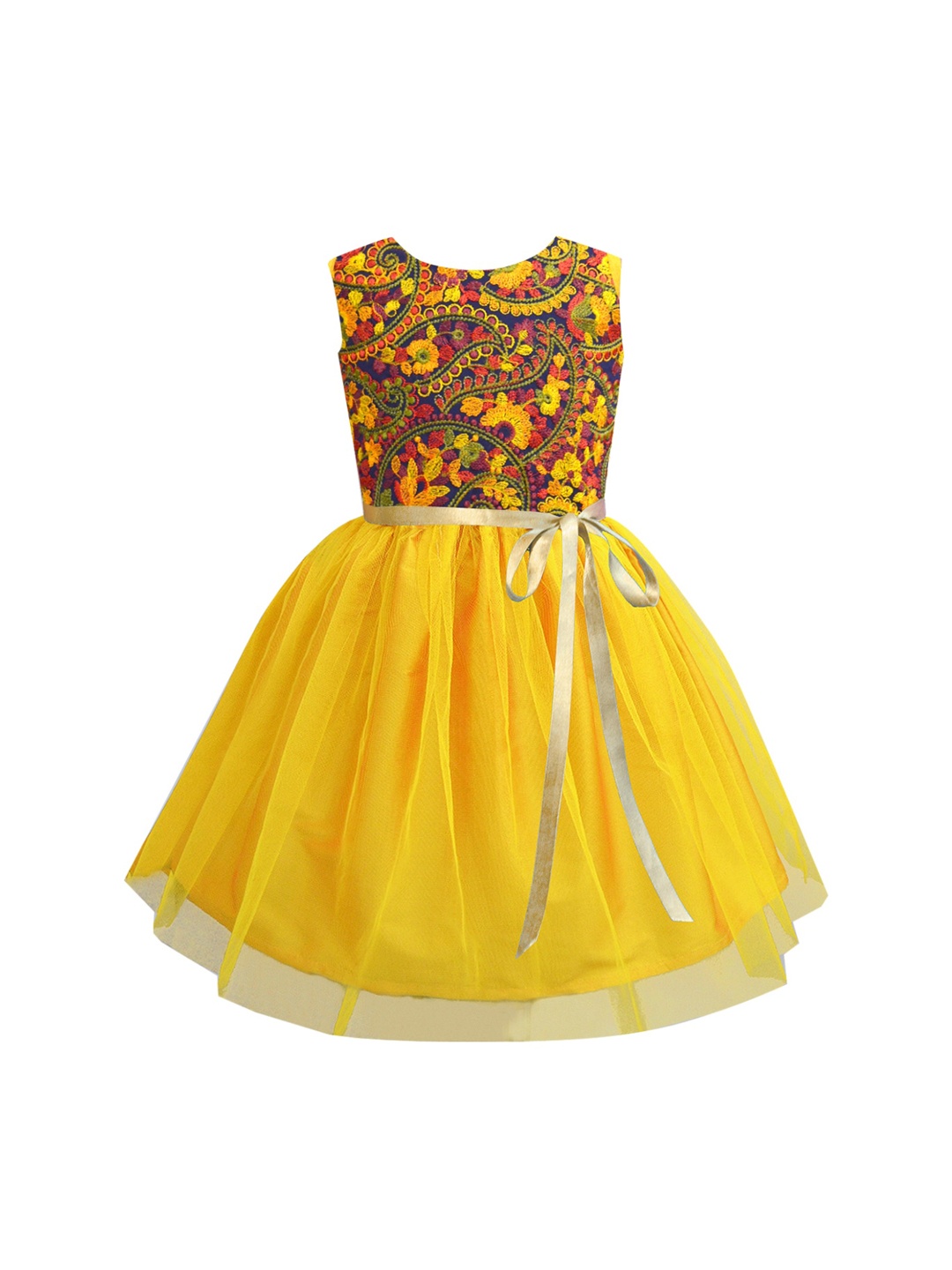 

A T U N Mustard Yellow & Multicoloured Floral Layered Net Dress