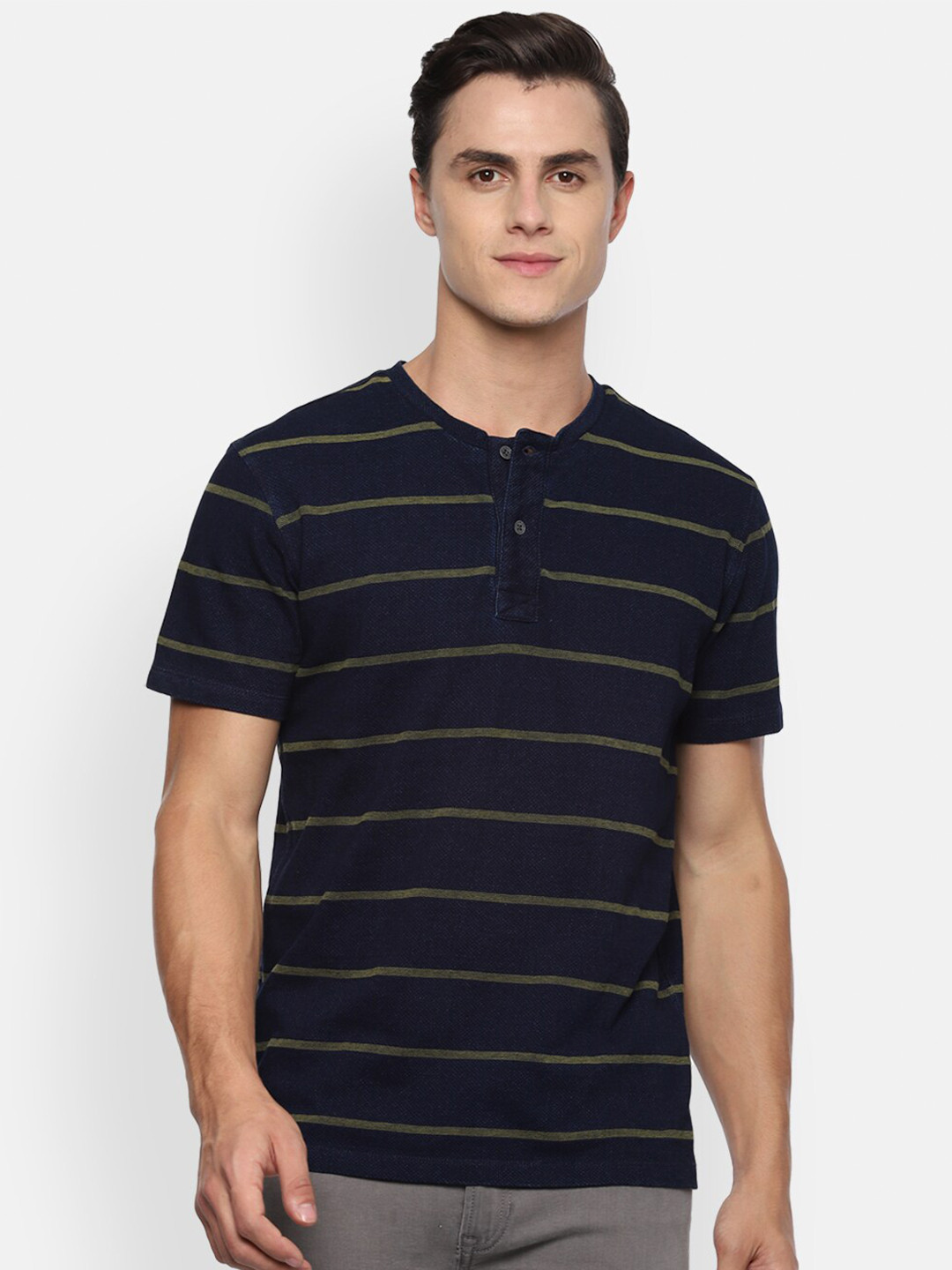 

Louis Philippe Jeans Men Navy Blue Striped Henley Neck Slim Fit T-shirt