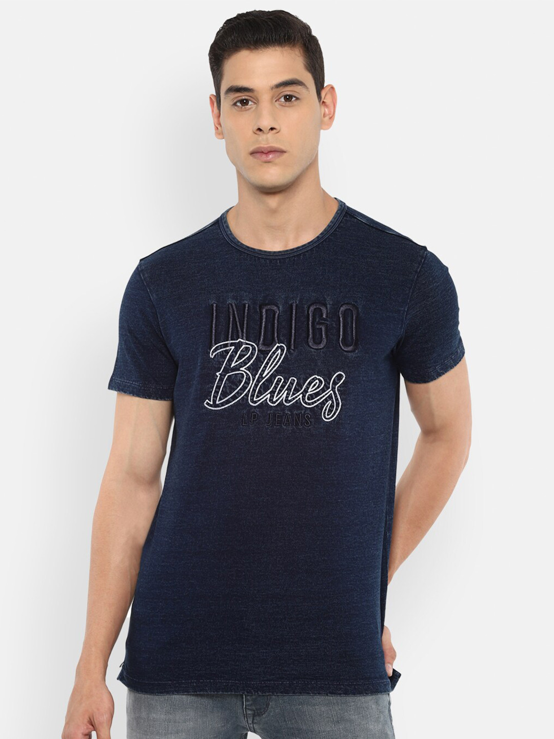 

Louis Philippe Jeans Men Navy Blue & White Typography Slim Fit Pure Cotton T-shirt