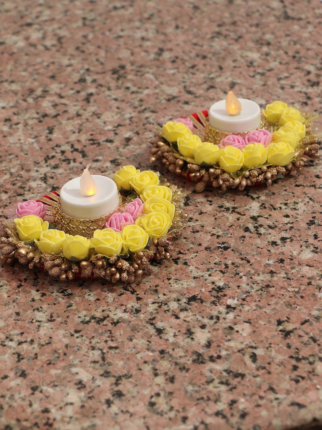 

PASSION PETALS Set Of 2 Yellow & Pink T-Light Candle Holders