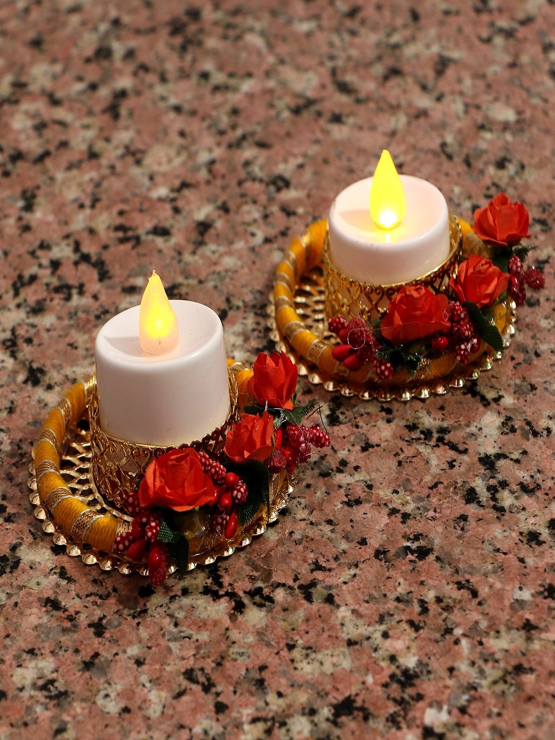 

PASSION PETALS Set Of 2 Mustard Yellow & Red Floral Candle Holders