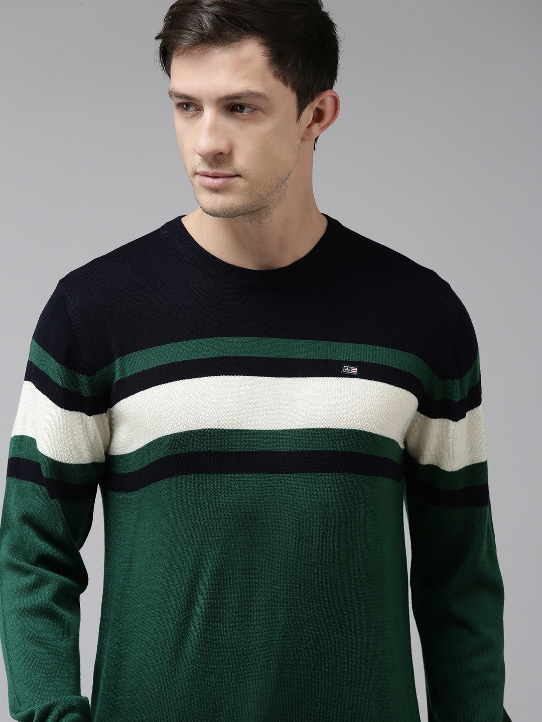 

Arrow Men Green & Navy Blue Colourblocked Striped Acrylic Pullover