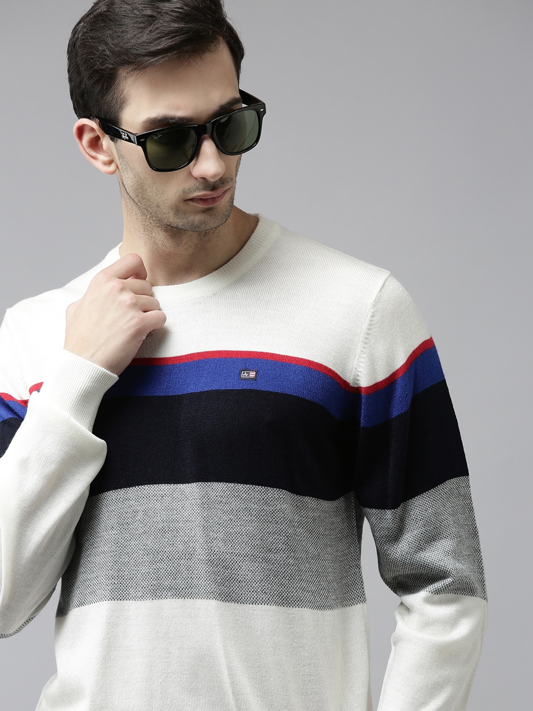

Arrow Men White & Blue Engineered Striped Round-Neck Pullover Sweater