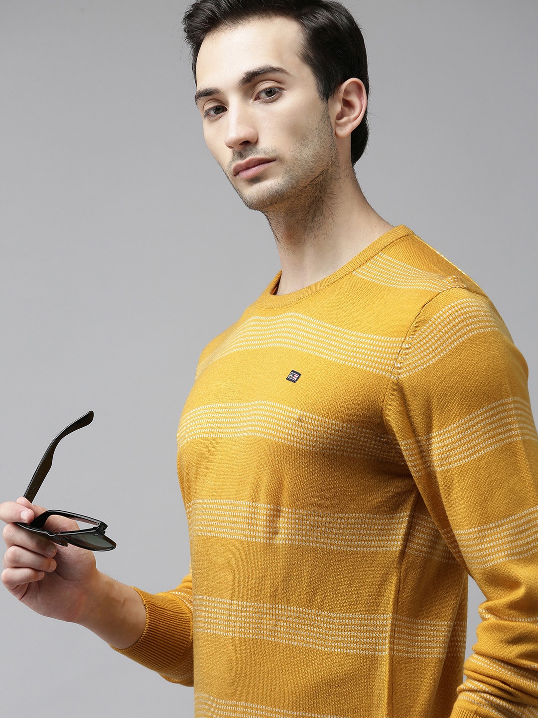 

Arrow Men Mustard Yellow & White Striped Pullover Sweater
