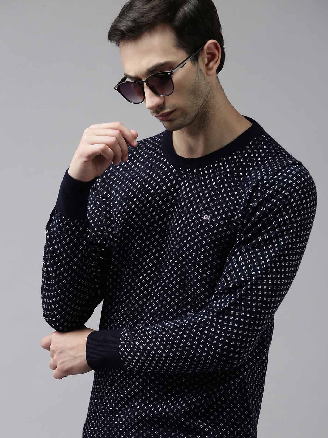 

Arrow Men Navy Blue & White Self Design Pullover Sweater