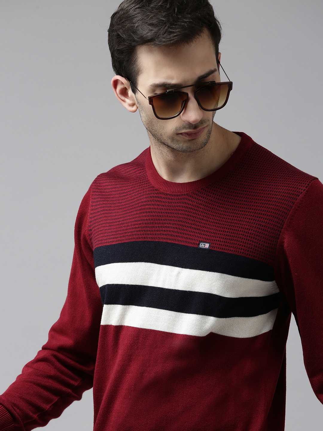 

Arrow Men Maroon & White Striped Pullover Sweater