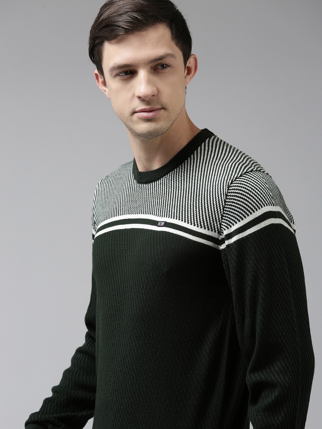 

Arrow Men Green & White Colourblocked Engineered Pullover Sweater