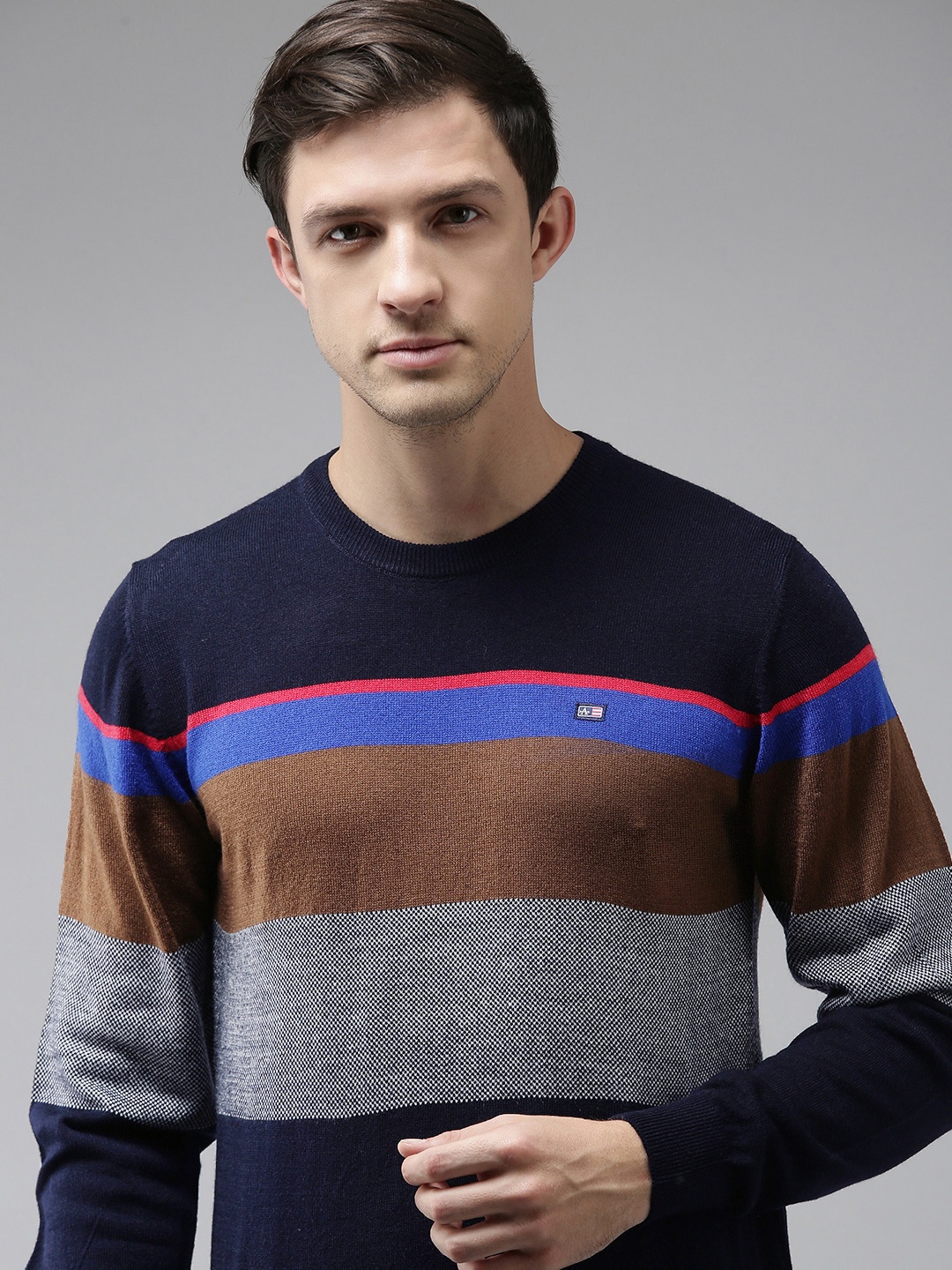 

Arrow Men Navy Blue & Grey Colourblocked Engineered Round Neck Pullover