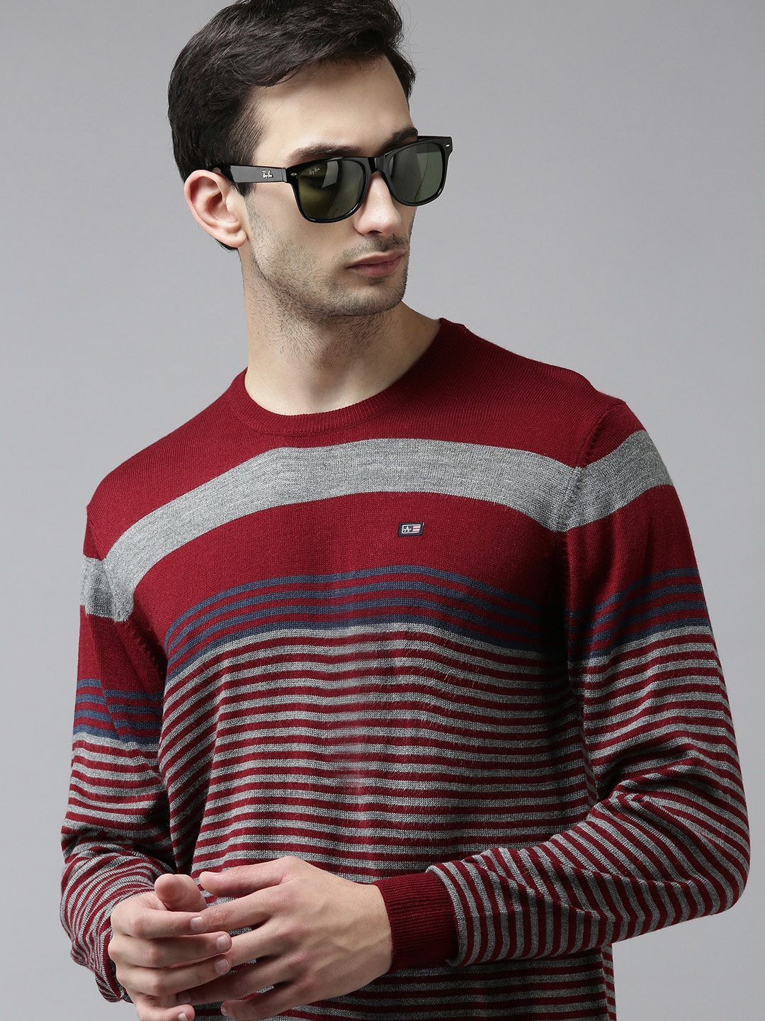 

Arrow Men Maroon & Grey Striped Round-Neck Pullover Sweater