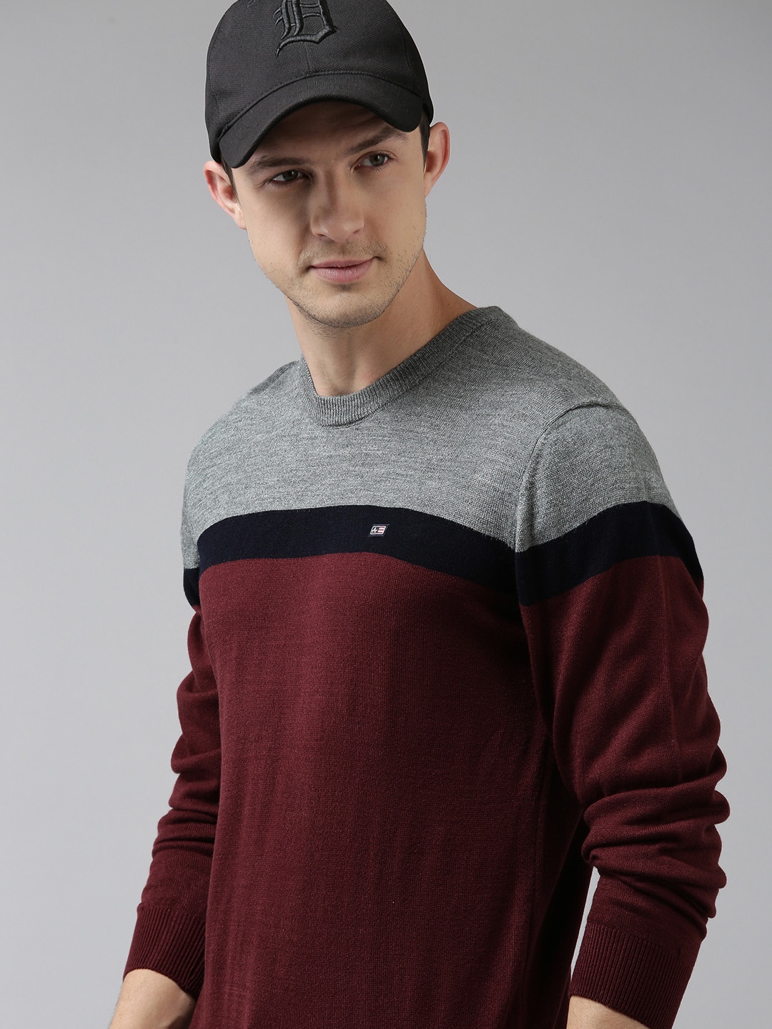 

Arrow Men Burgundy & Grey Striped Colourblocked Pullover