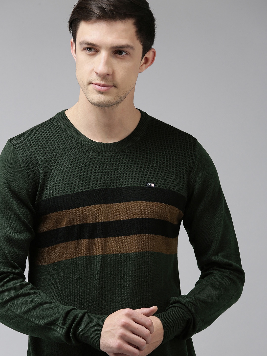 

Arrow Men Olive Green Striped Colourblocked Pullover