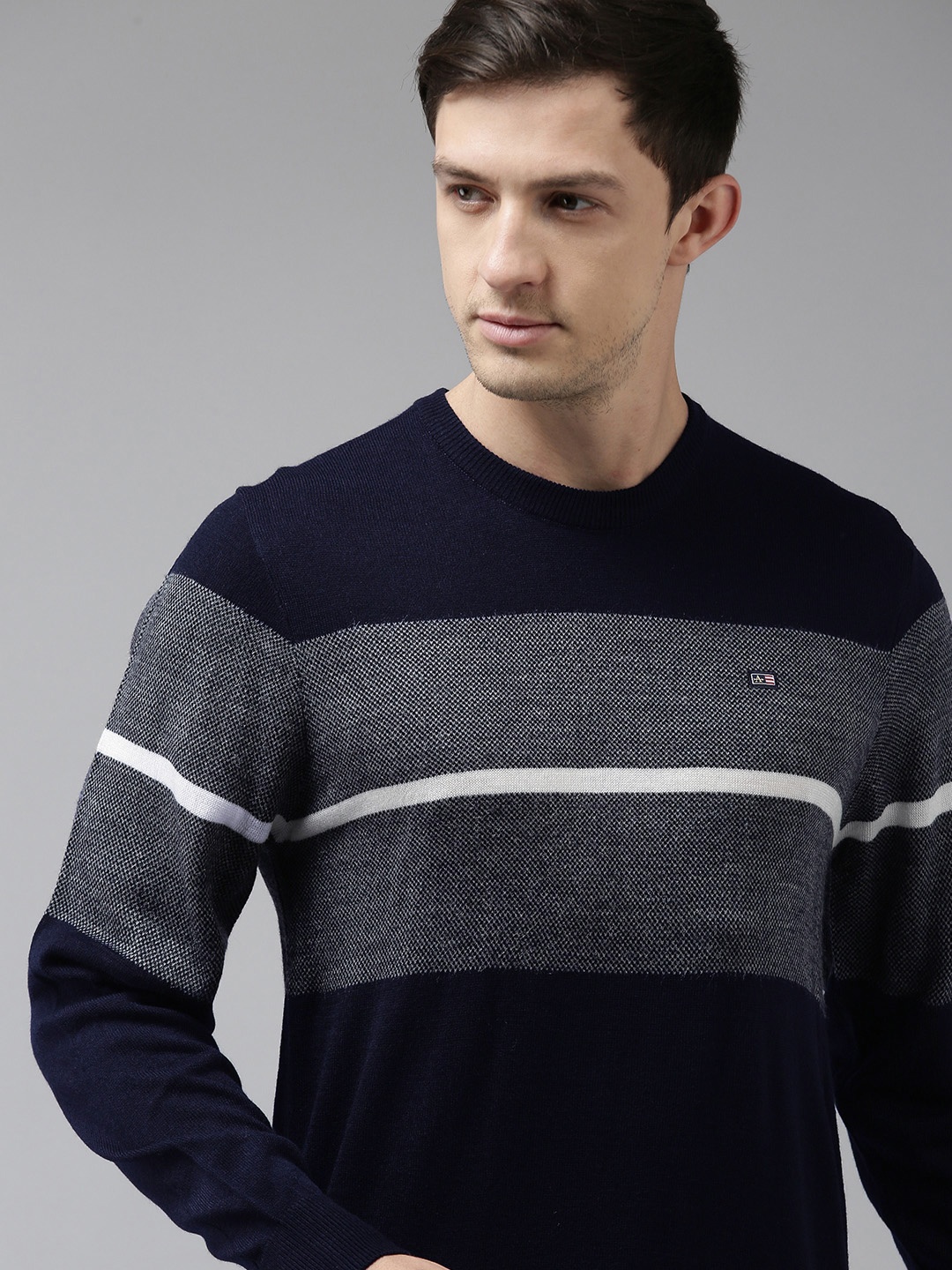 

Arrow Men Navy Blue & Grey Colourblocked Engineered Pullover Sweater