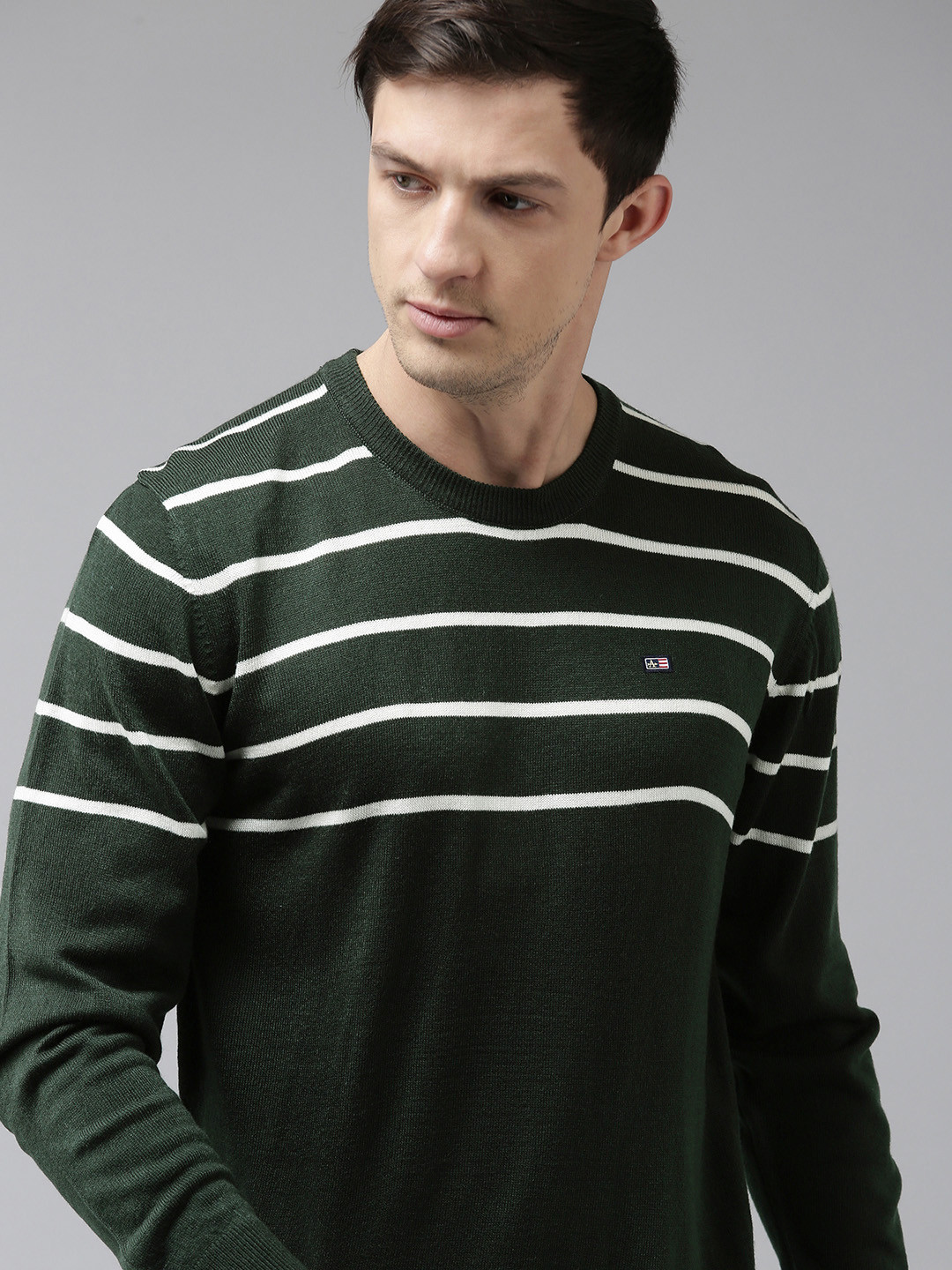 

Arrow Men Green & White Striped Engineered Pullover Sweater