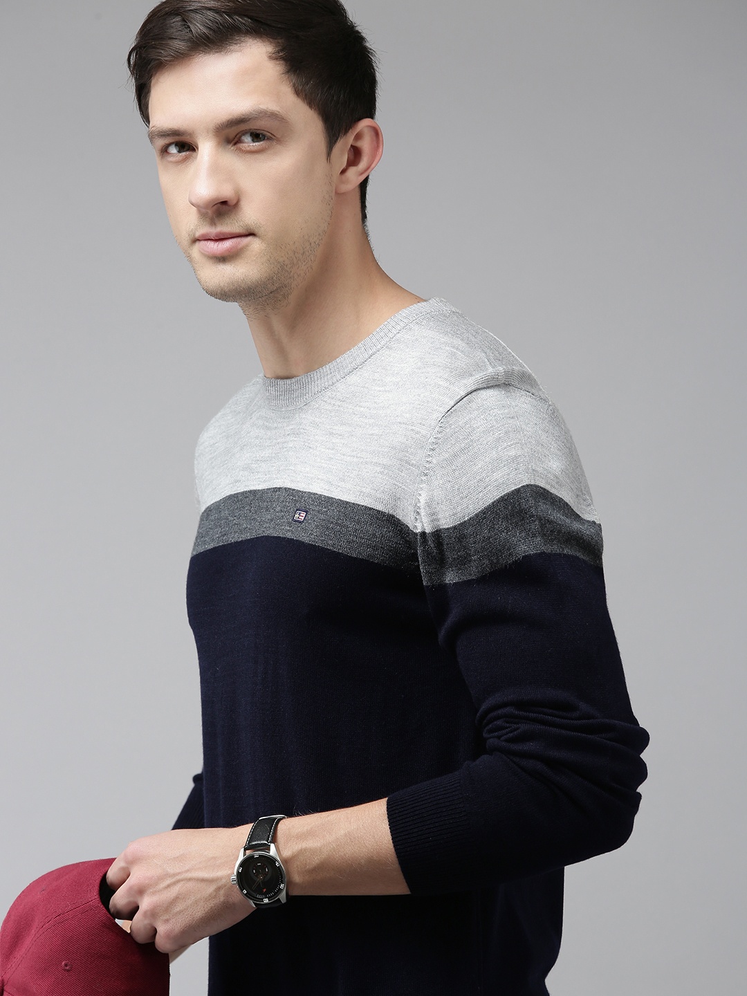 

Arrow Men Navy Blue & Grey Striped Colourblocked Pullover