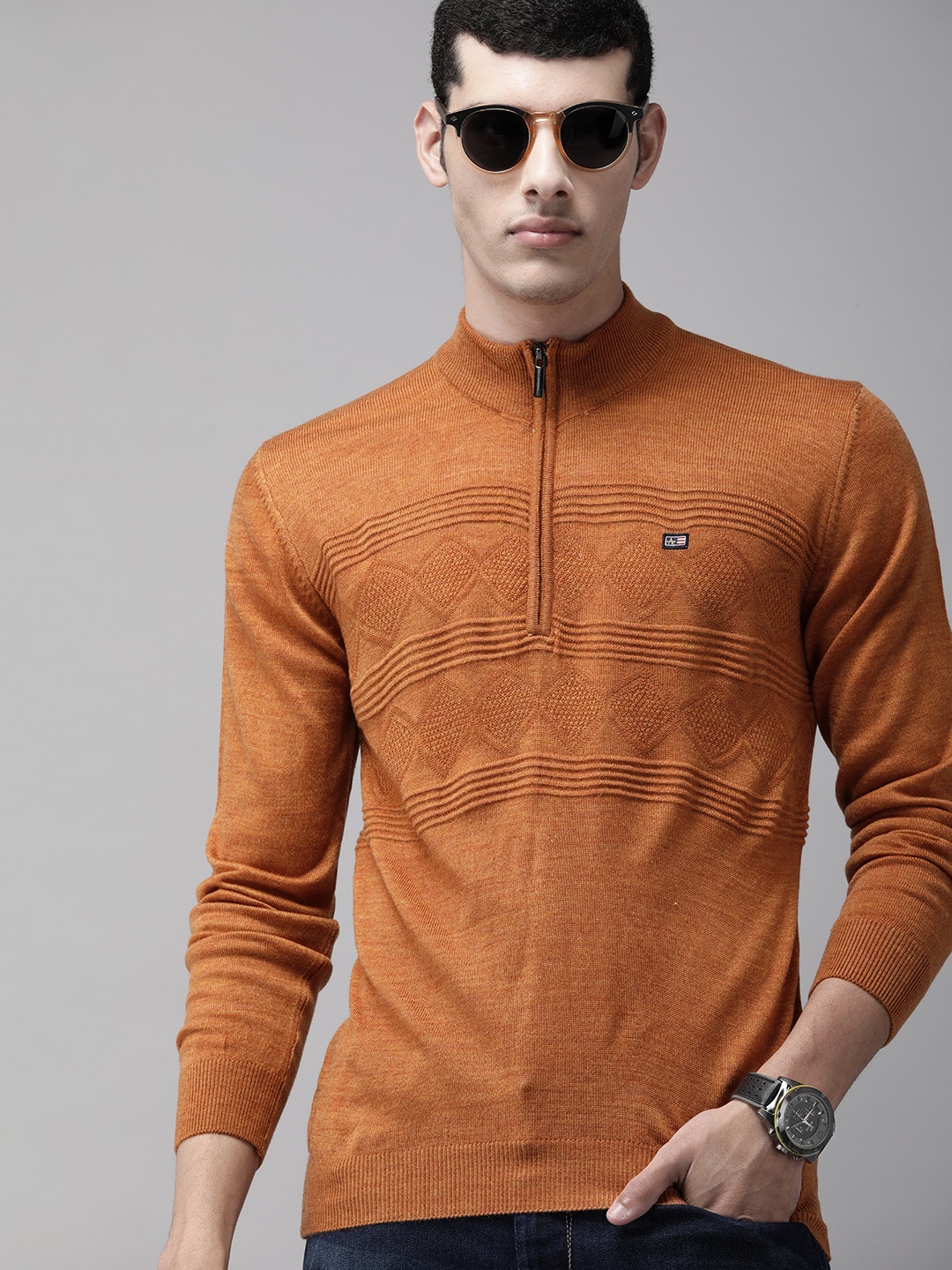 

Arrow Men Rust Brown Cable Knit Half Zipper Pullover
