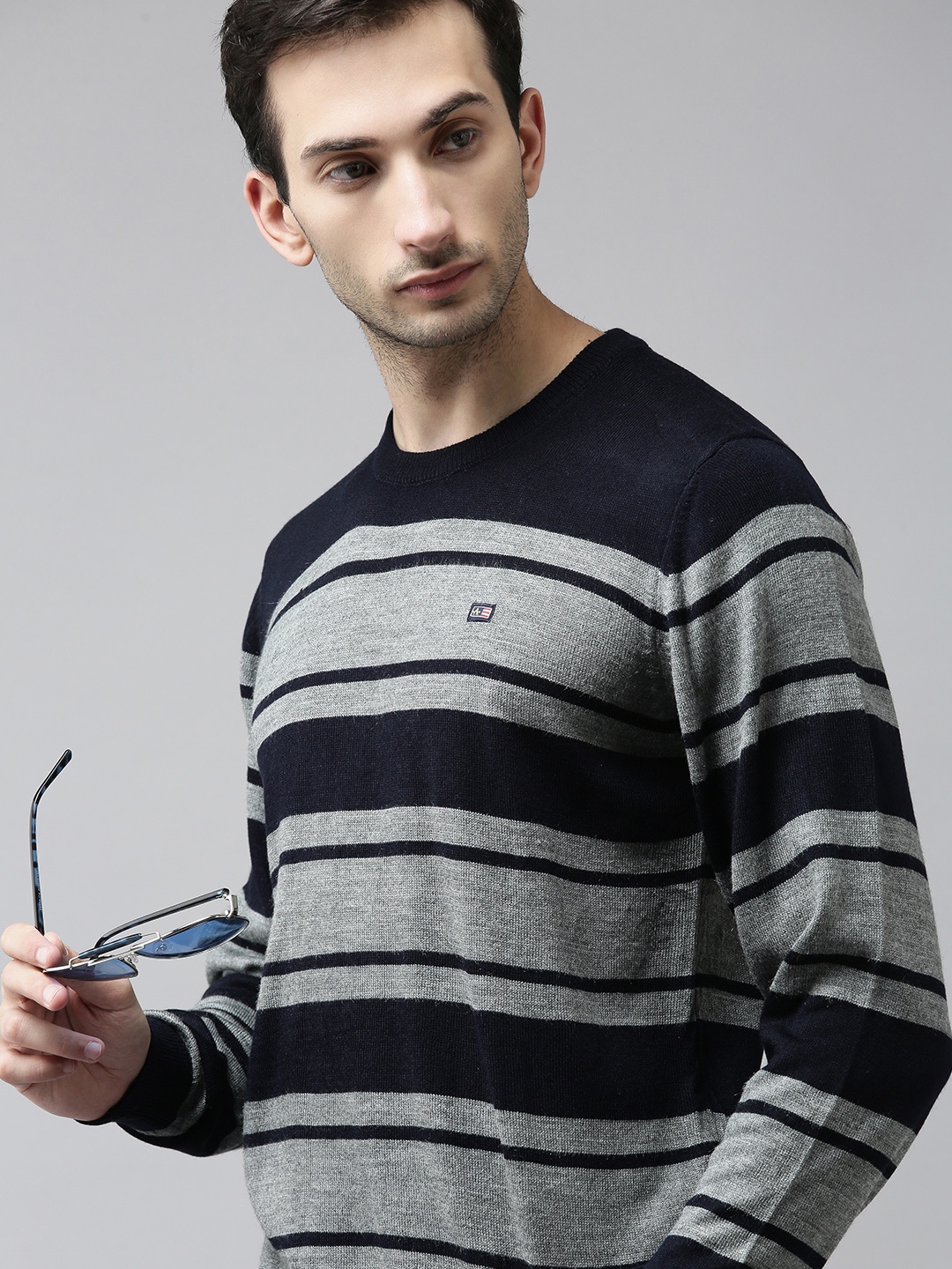 

Arrow Men Navy Blue & Grey Striped Pullover Sweater