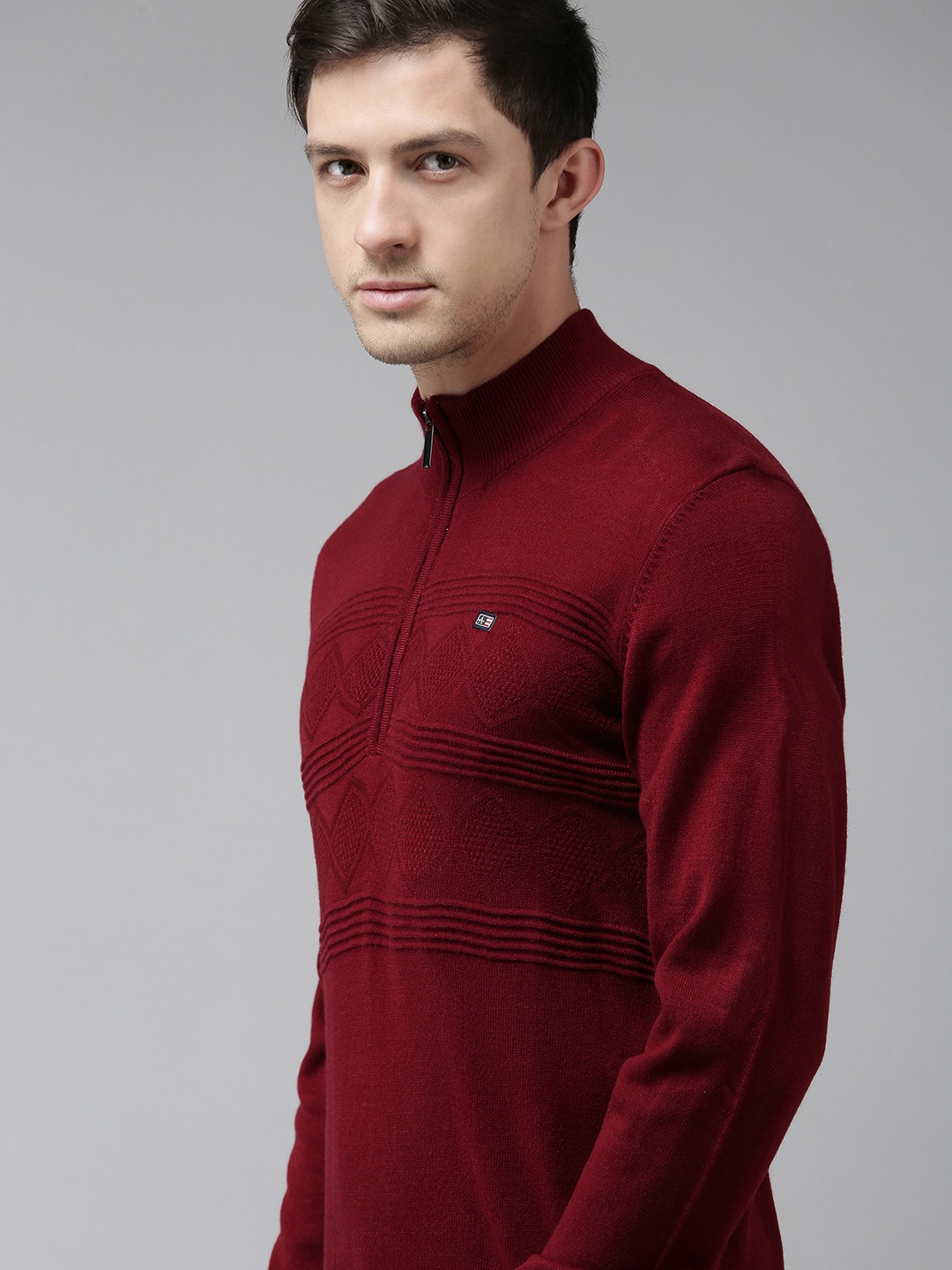

Arrow Men Red Self-Designed Cable Knit Structured Pullover Sweater