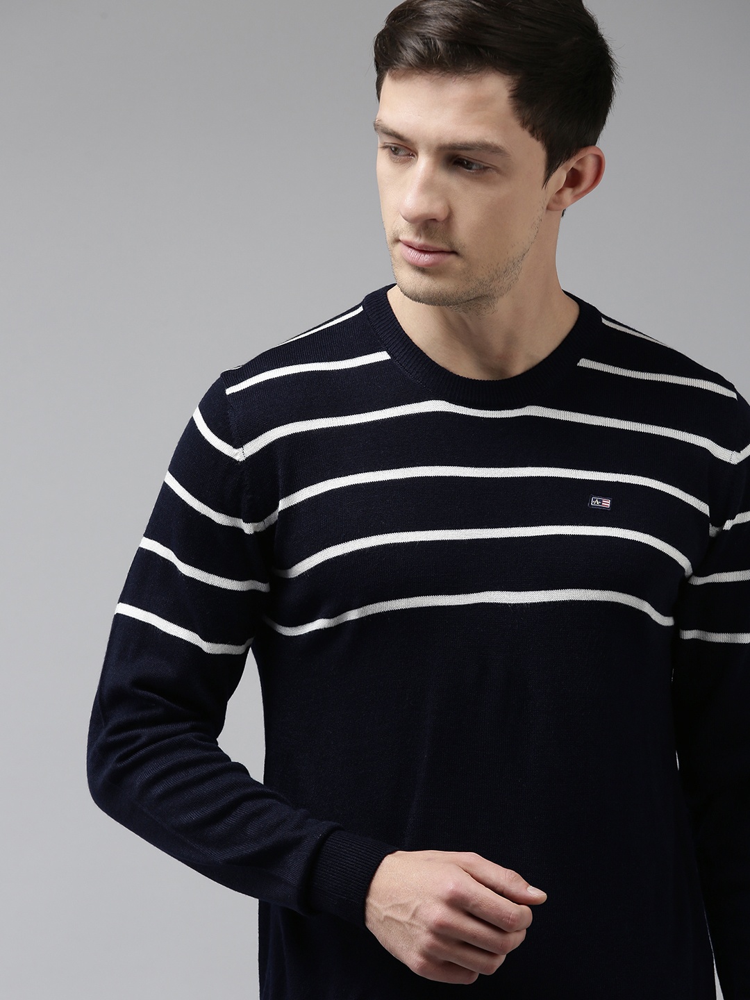 

Arrow Men Navy Blue Striped Acrylic Pullover