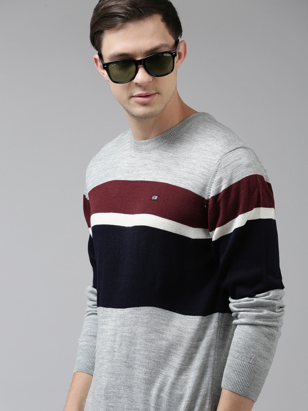 

Arrow Men Grey Melange & Navy Blue Striped Colourblocked Pullover