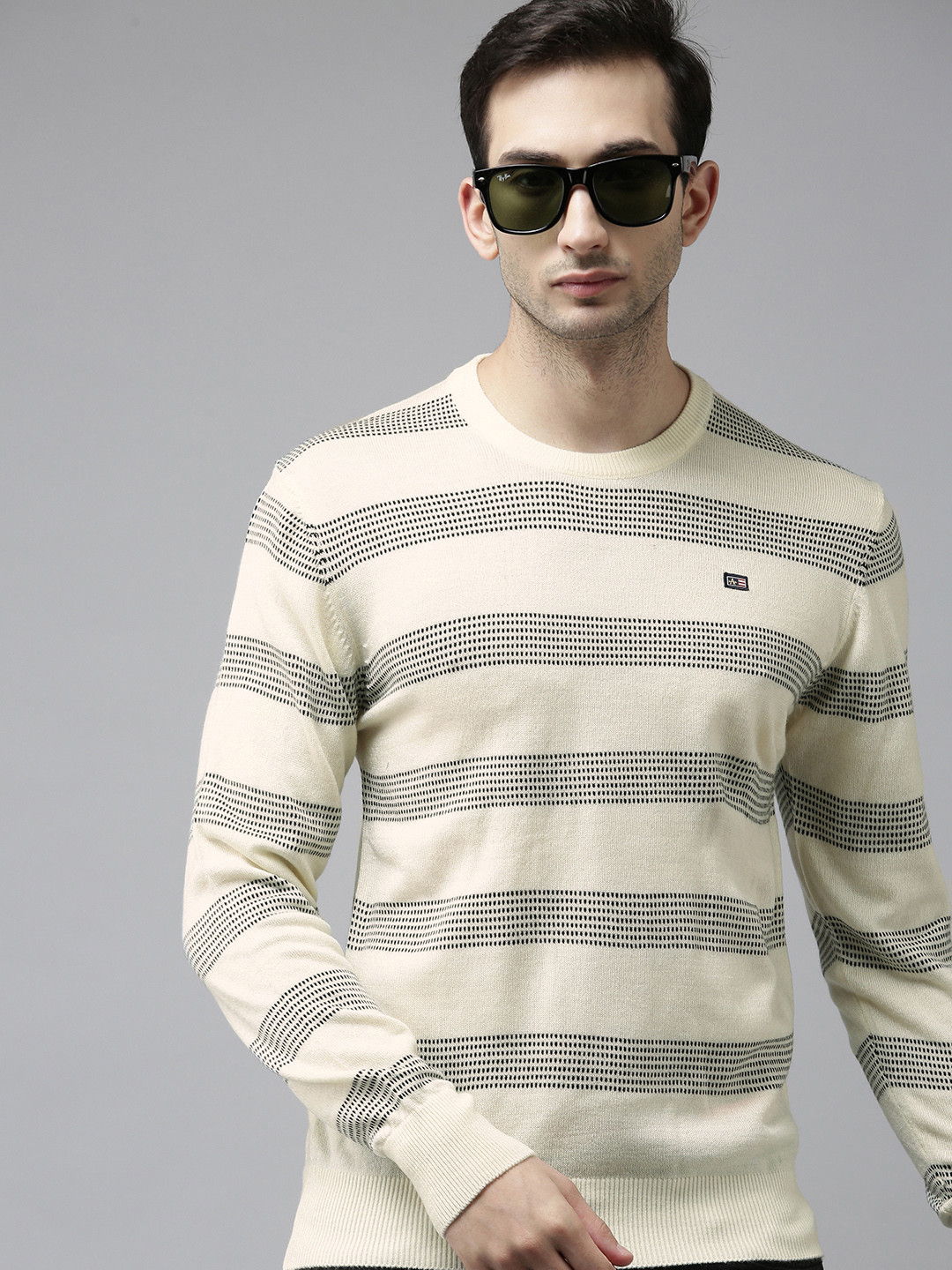 

Arrow Men White & Black Striped Round-Neck Pullover Sweater