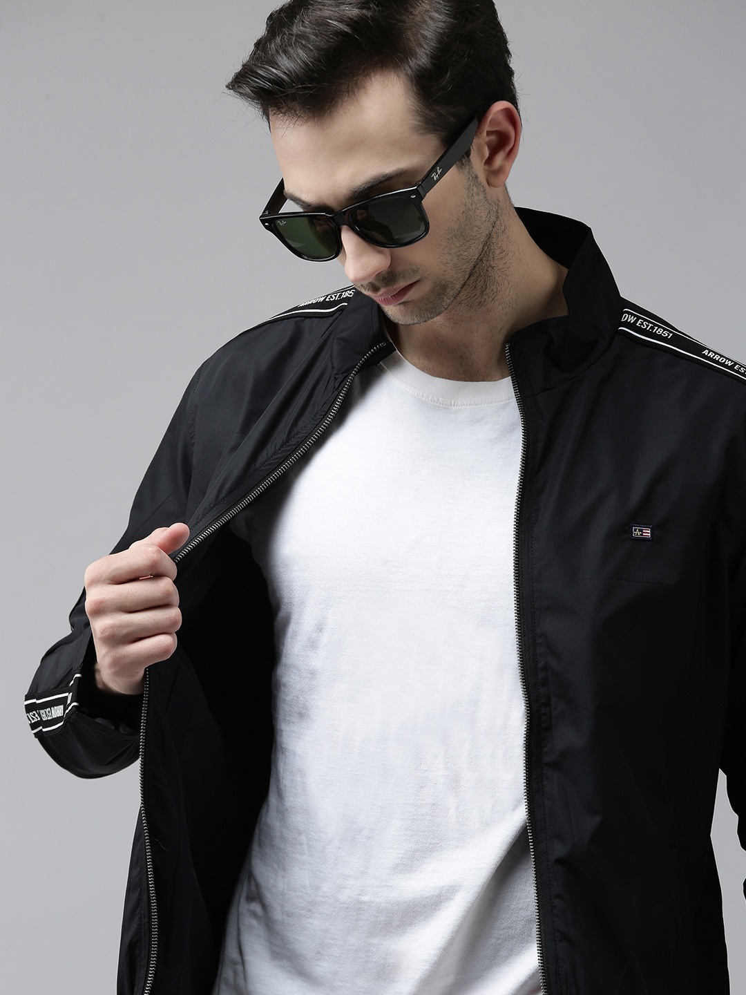 

Arrow Men Black Typography- Striped Mock Collared Bomber Jacket