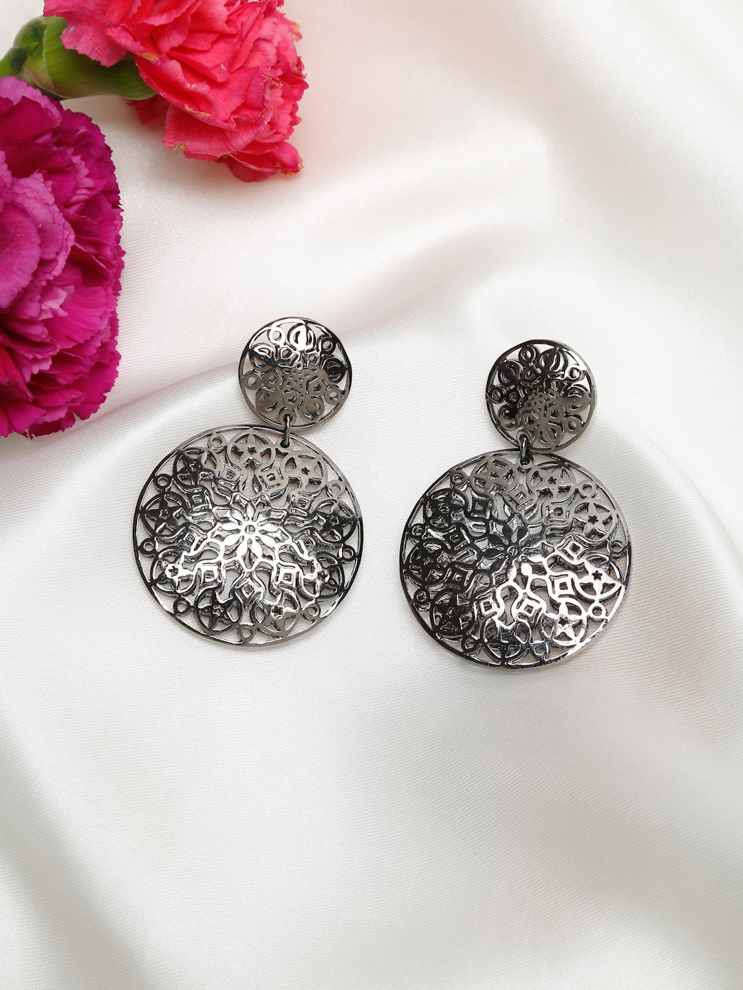 

Ruby Raang Silver-Toned Circular Drop Earrings