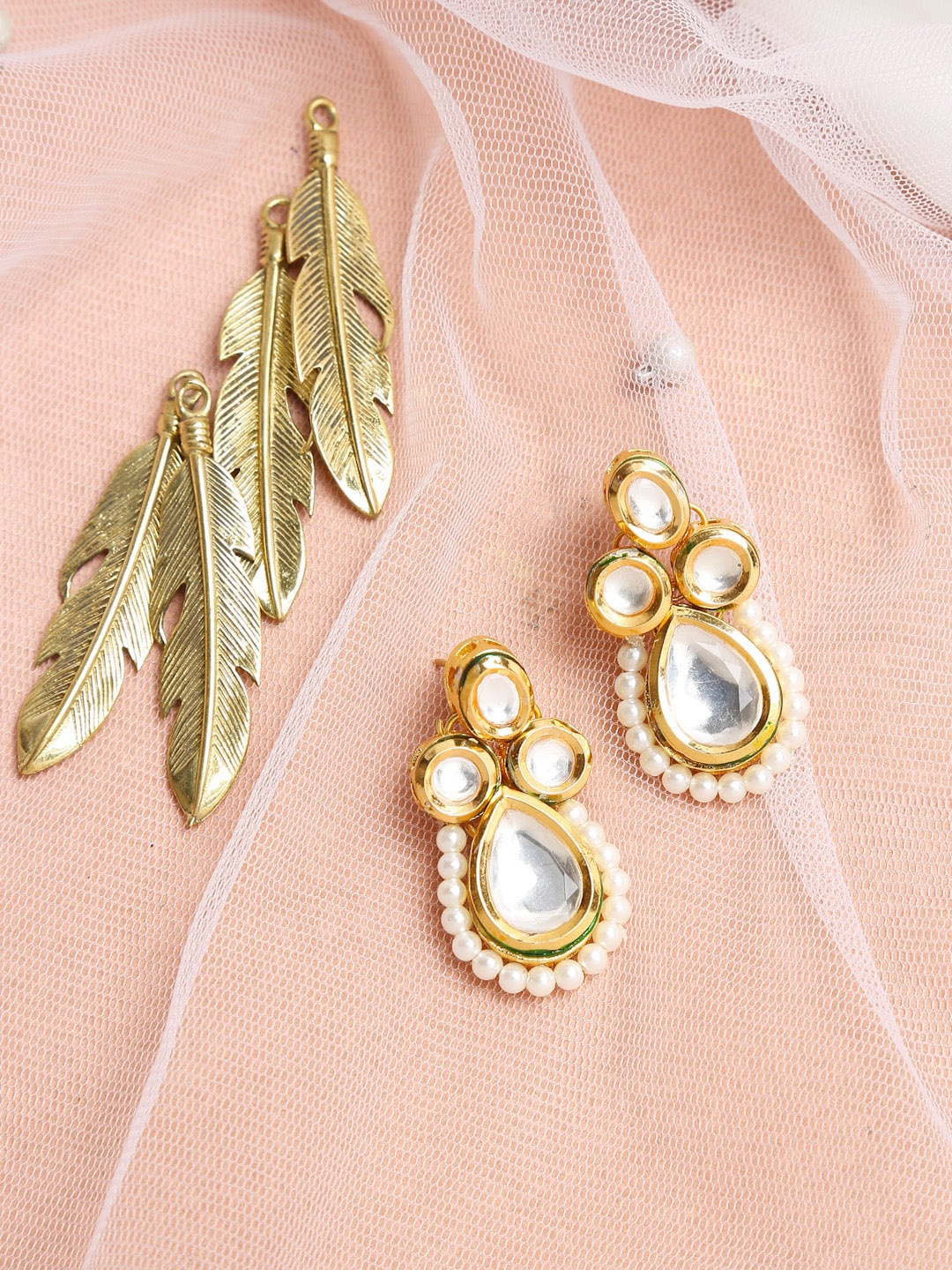 

Ruby Raang Gold-Toned & White Teardrop Shaped Drop Earrings