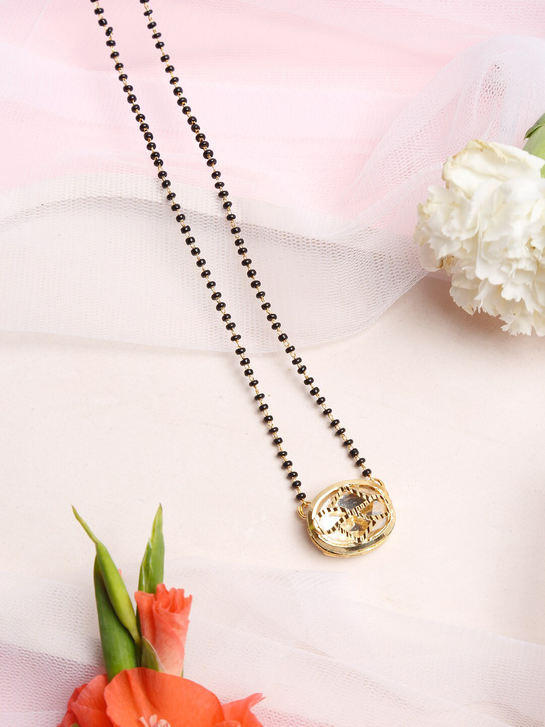 

Ruby Raang Gold-Plated & Black Beaded Kundan Mangalsutra