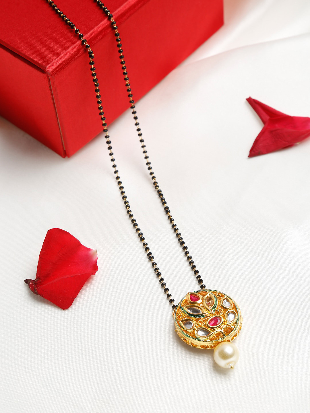 

Ruby Raang Gold-Plated Black Beaded & White Kundan Studded Mangalsutra
