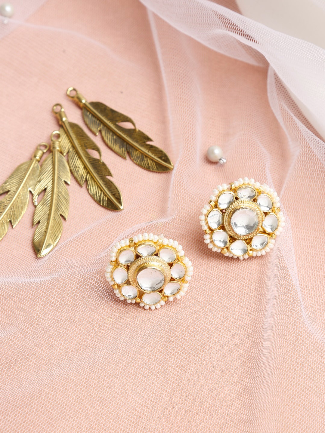 

Ruby Raang Gold-Toned Floral Kundan Studded Studs Earrings