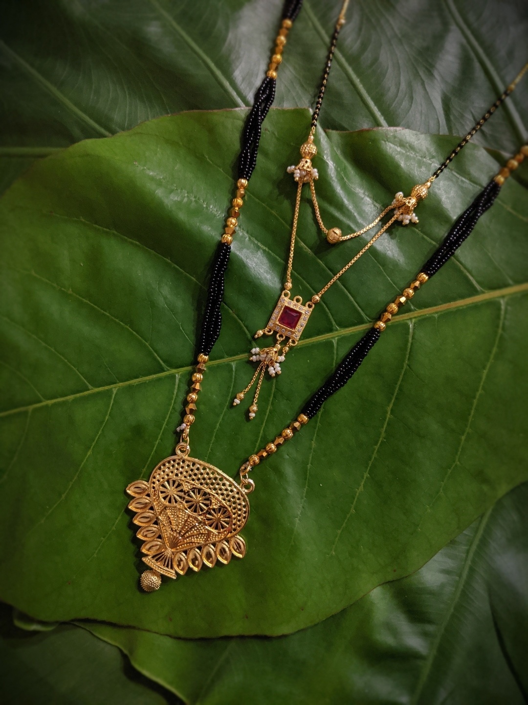 

Digital Dress Room Set Of 2 Gold-Plated White & Black Stone-Studded & Beaded Mangalsutra