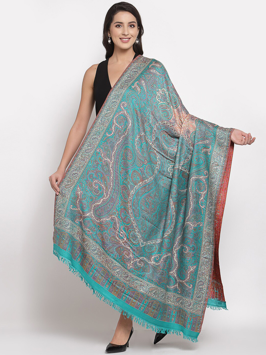 

Pashtush Women Sea Green & Beige Woven-Design Shawl