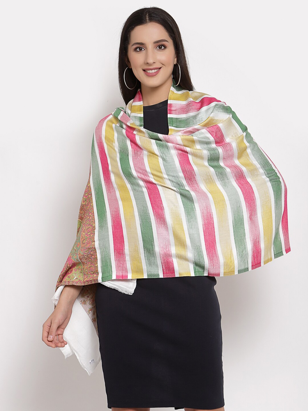 

Pashtush Women White & Pink Striped Stole
