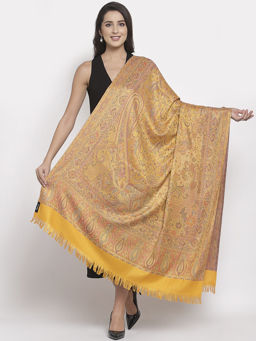 

Pashtush Women Mustard Yellow & Blue Woven-Design Shawl