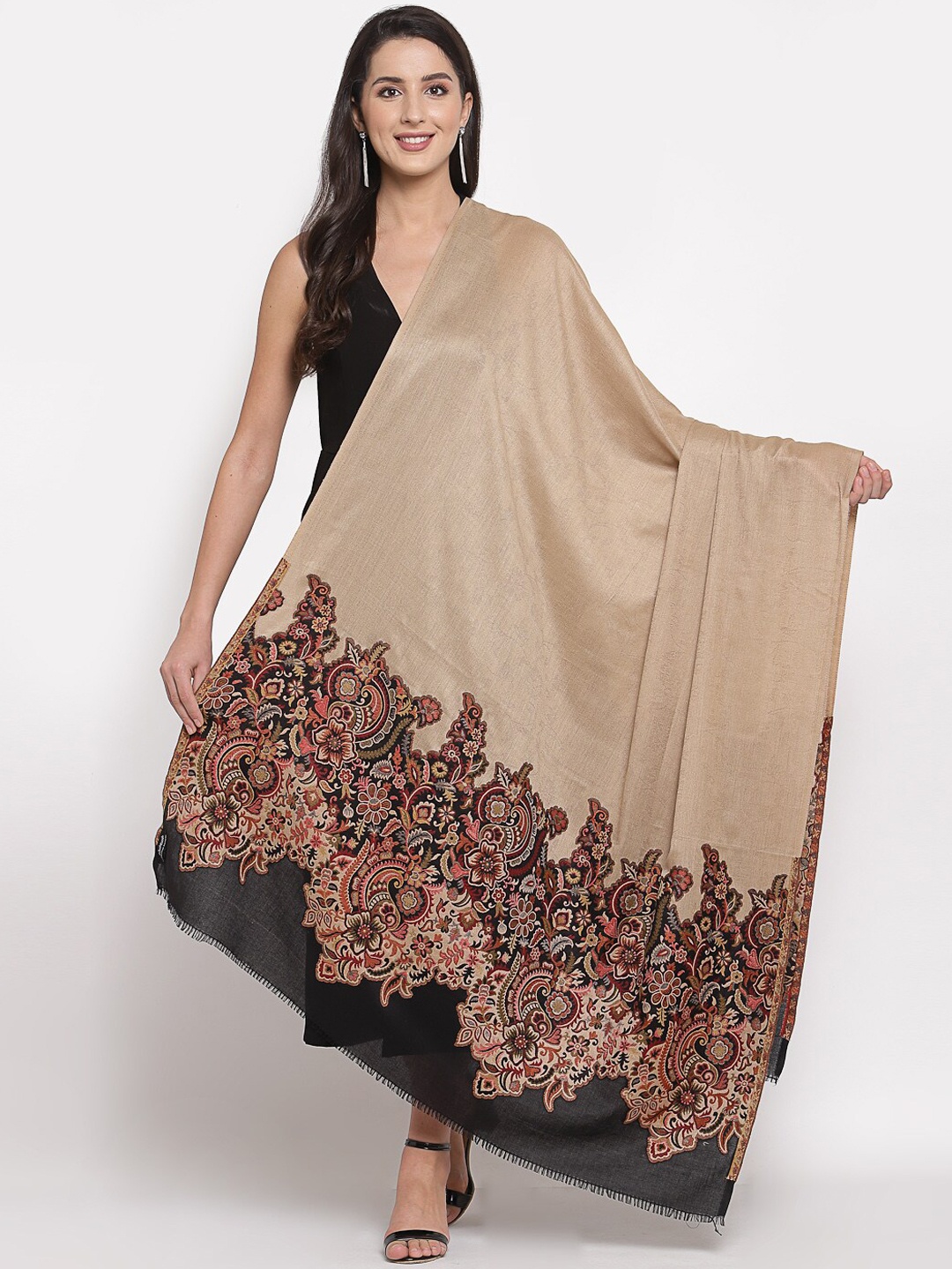 

Pashtush Women Beige & Black Floral Printed Shawl