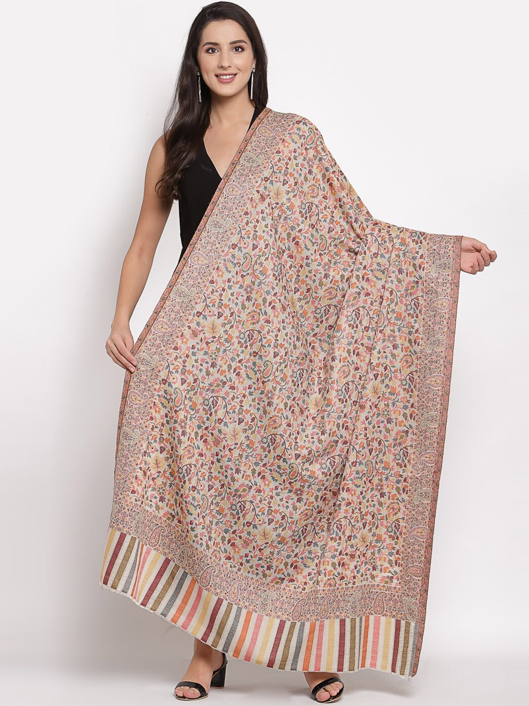 

Pashtush Women Beige & Maroon Floral Printed Shawl